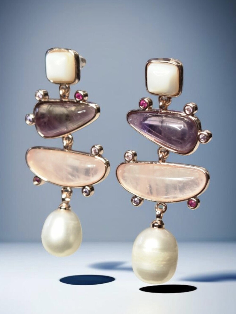Rose Gold Genuine Amethyst Rose Quartz Freshwater Pearl Crystal Dangle Earrings